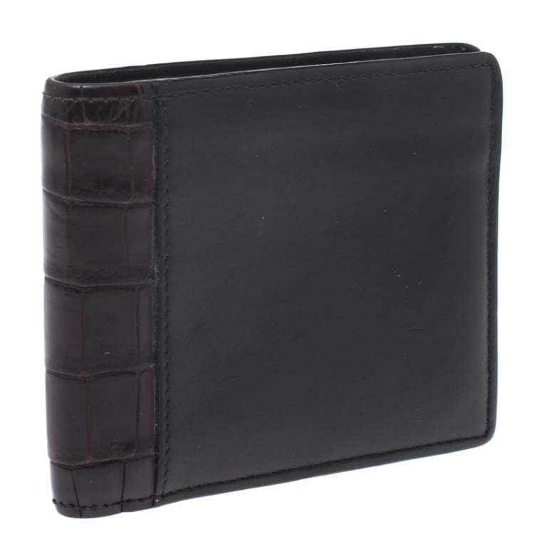 Pre Owned Bottega Veneta Dark Brown Leather and Alligator Bifold Wallet