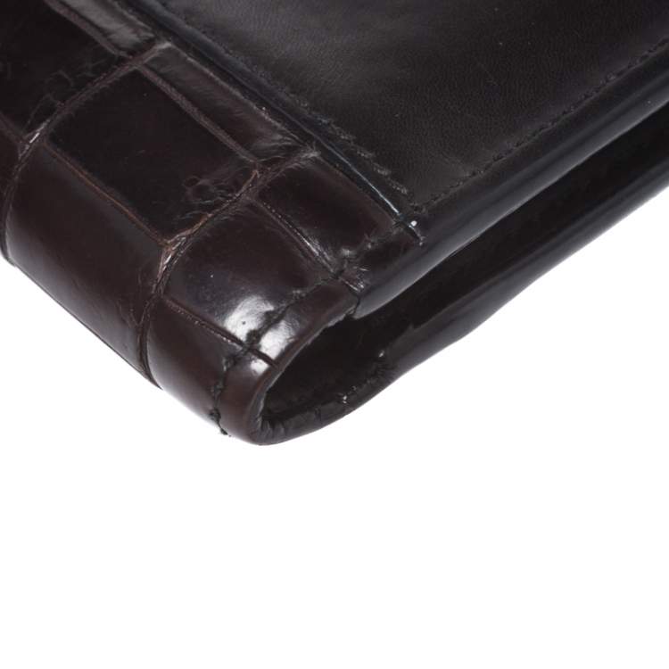 Pre Owned Bottega Veneta Dark Brown Leather and Alligator Bifold Wallet