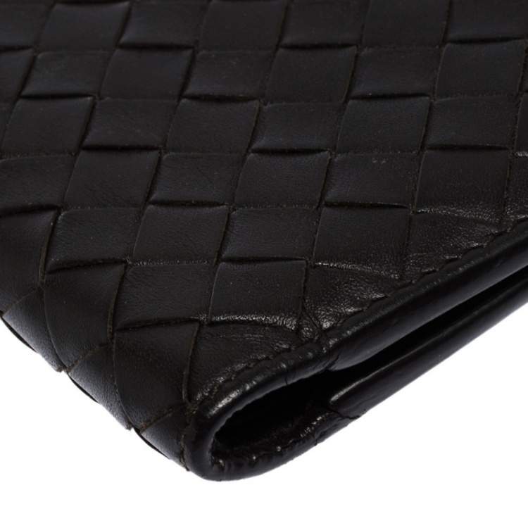 Pre Owned Bottega Veneta Dark Brown Intrecciato Leather Bifold Wallet