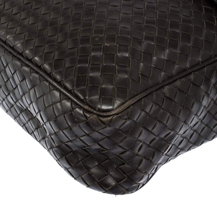 Pre Owned Bottega Veneta Dark Brown Intrecciato Leather Grommet Strap Messenger Bag
