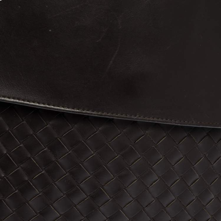 Pre Owned Bottega Veneta Dark Brown Intrecciato Leather Grommet Strap Messenger Bag