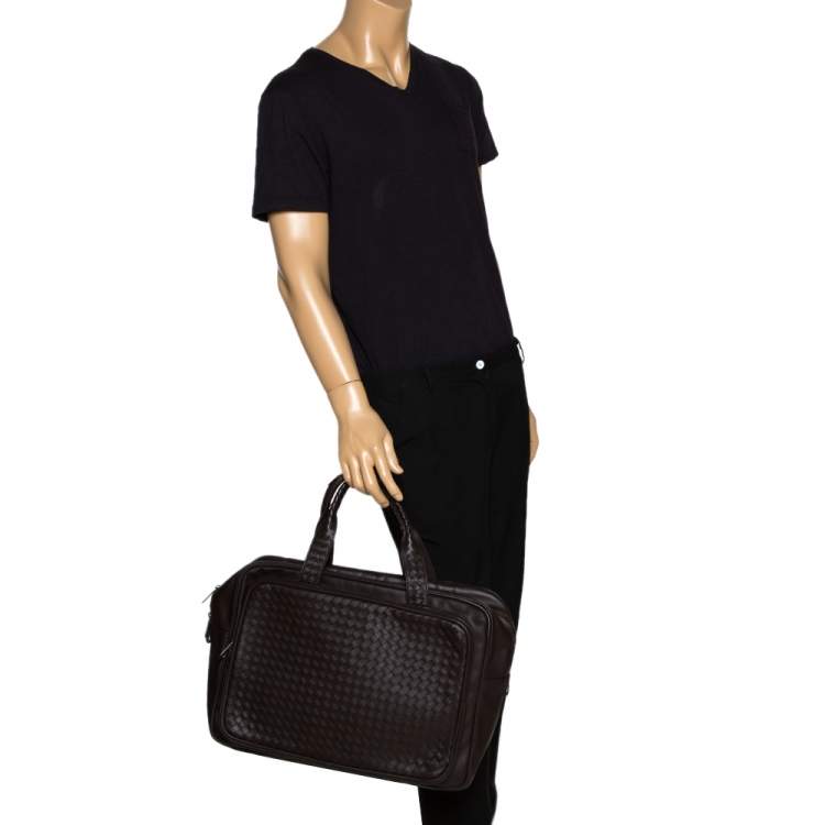 Pre Owned Bottega Veneta Dark Brown Intrecciato Leather VN Carry On Briefcase
