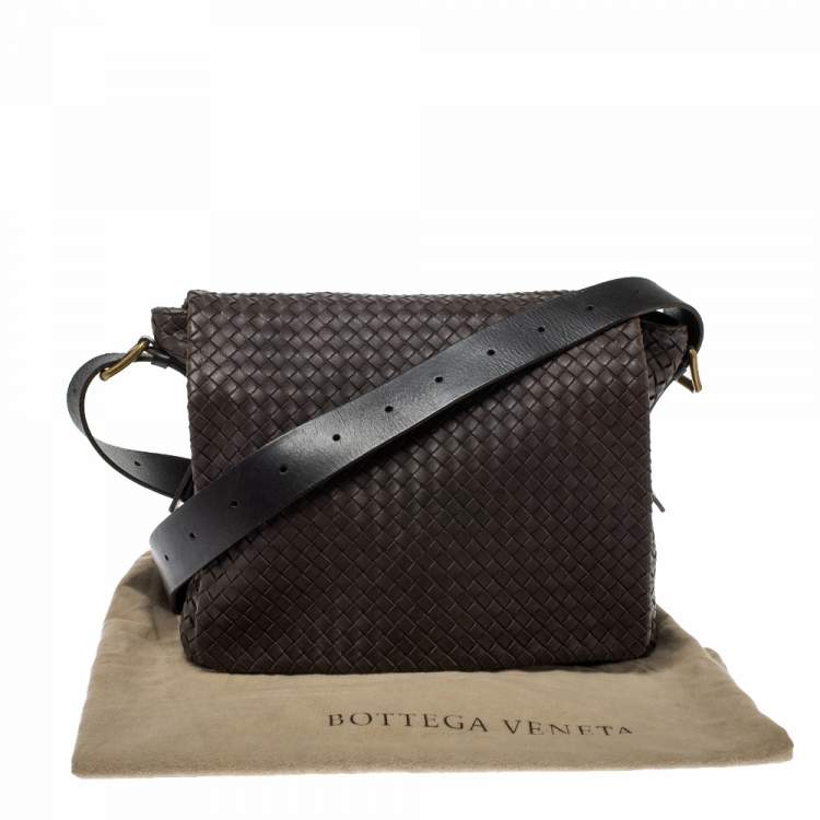 Pre Owned Bottega Veneta Dark Brown Intrecciato Leather Flap Messenger Bag