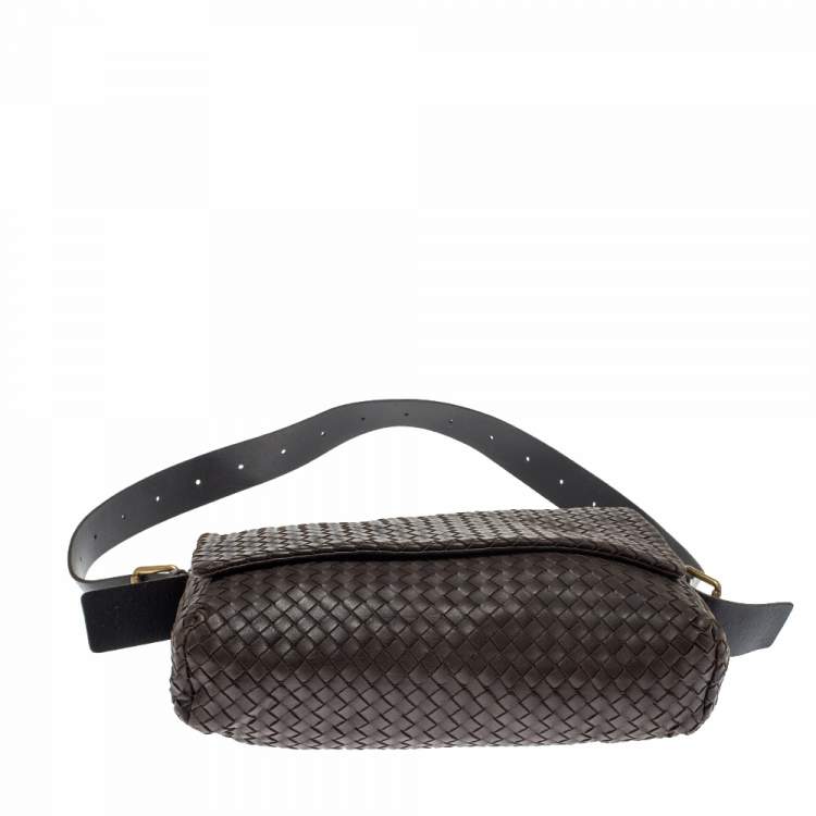 Pre Owned Bottega Veneta Dark Brown Intrecciato Leather Flap Messenger Bag