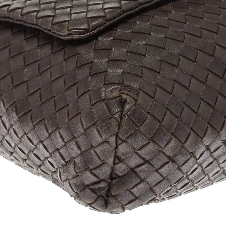 Pre Owned Bottega Veneta Dark Brown Intrecciato Leather Flap Messenger Bag