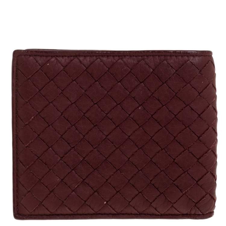 Pre Owned Bottega Veneta Maroon Intrecciato Leather Bifold Wallet