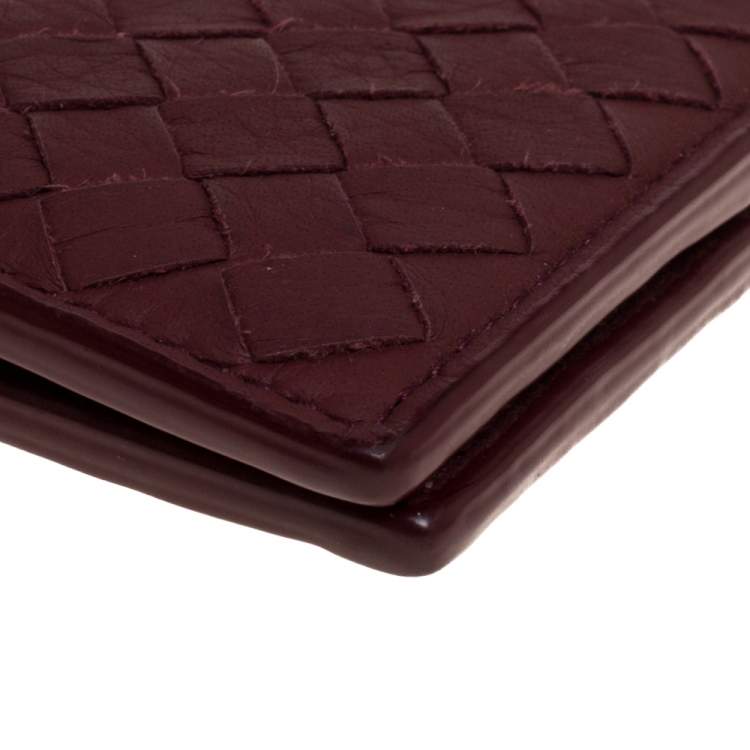 Pre Owned Bottega Veneta Maroon Intrecciato Leather Bifold Wallet