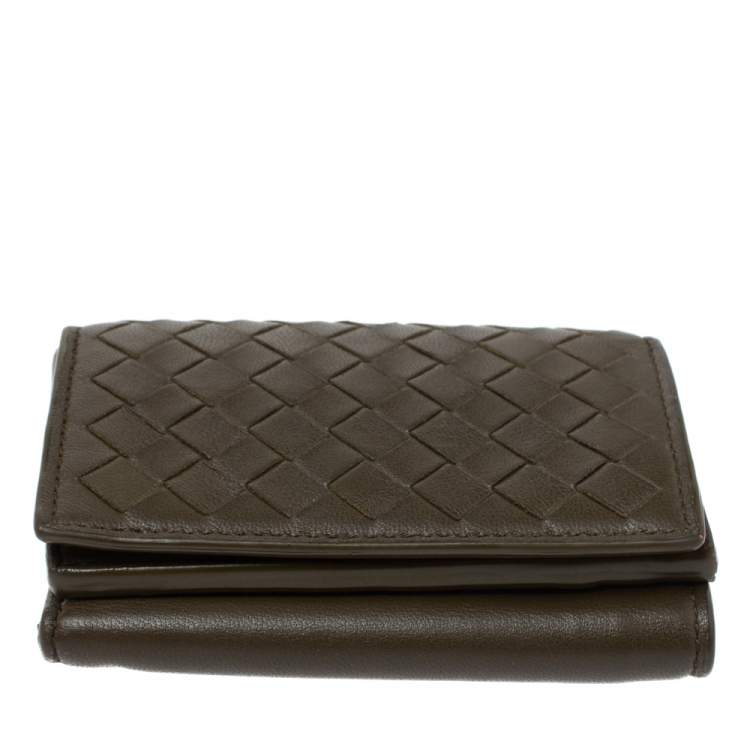 Pre Owned Bottega Veneta Olive Green Intrecciato Leather Trifold Wallet