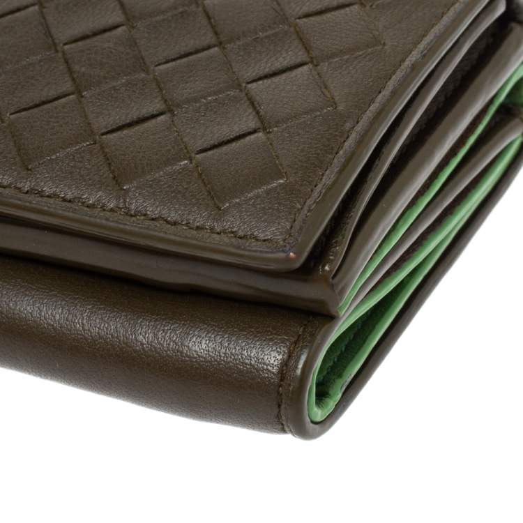 Pre Owned Bottega Veneta Olive Green Intrecciato Leather Trifold Wallet