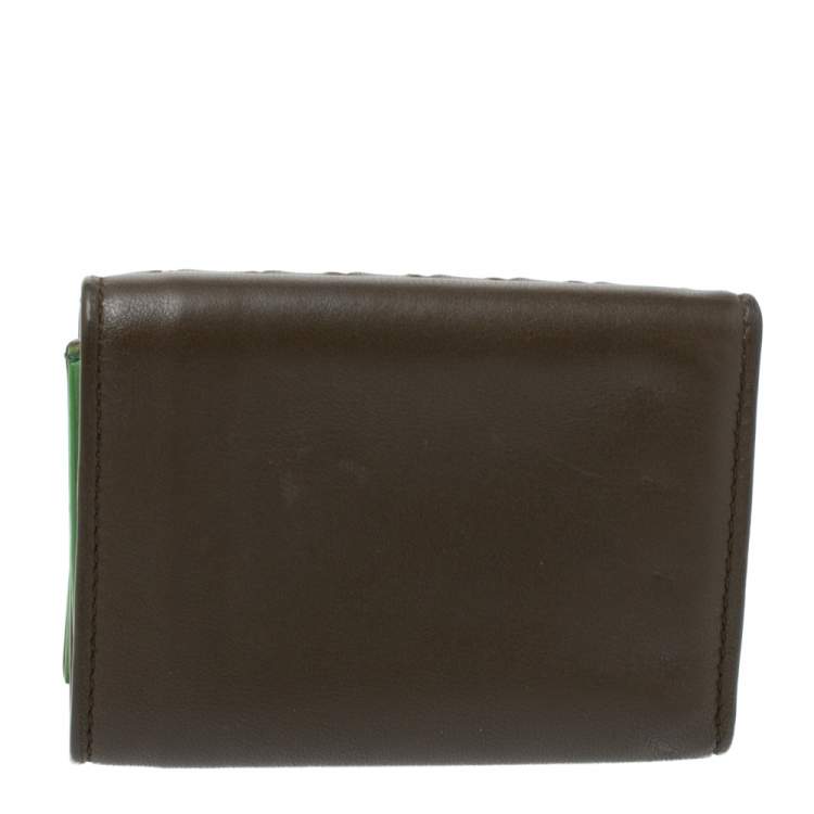Pre Owned Bottega Veneta Olive Green Intrecciato Leather Trifold Wallet