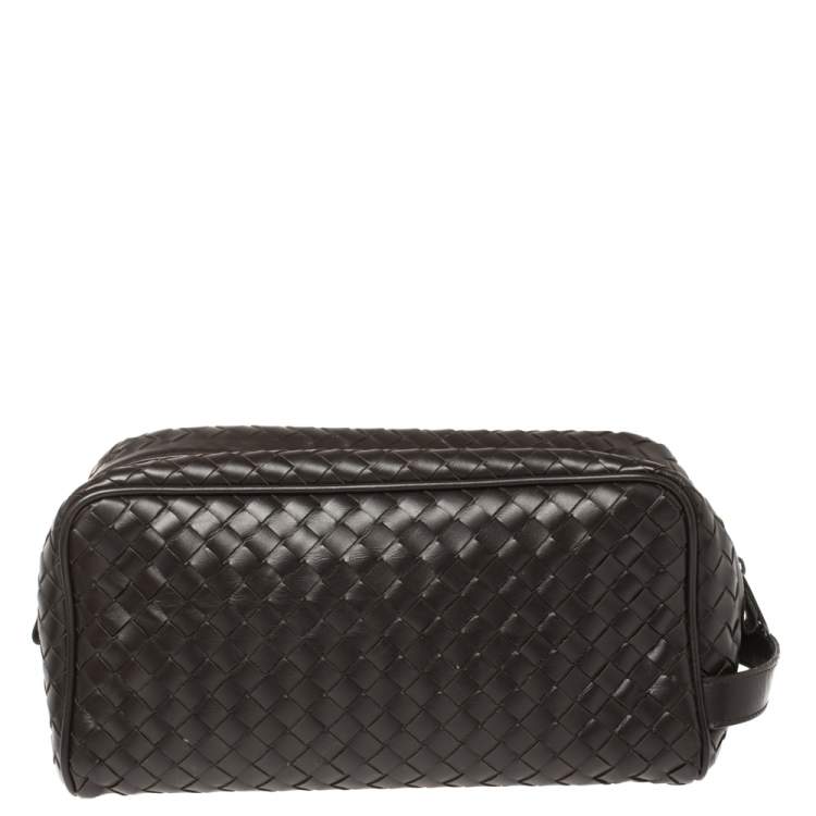 Pre Owned Bottega Veneta Dark Brown Intrecciato Leather Toiletry Pouch