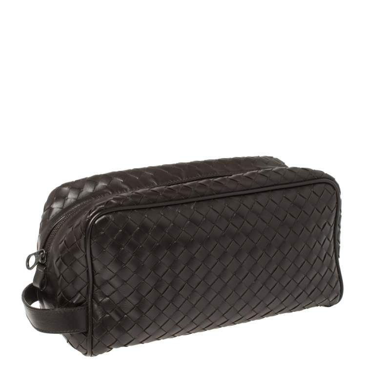 Pre Owned Bottega Veneta Dark Brown Intrecciato Leather Toiletry Pouch