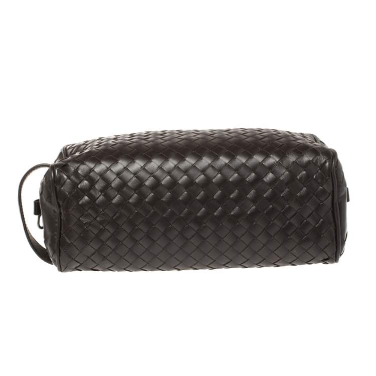 Pre Owned Bottega Veneta Dark Brown Intrecciato Leather Toiletry Pouch