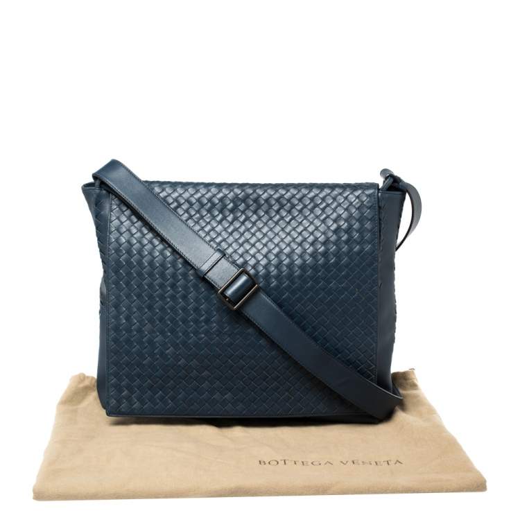 Pre Owned Bottega Veneta Navy Blue Intrecciato Leather Flap Messenger Bag