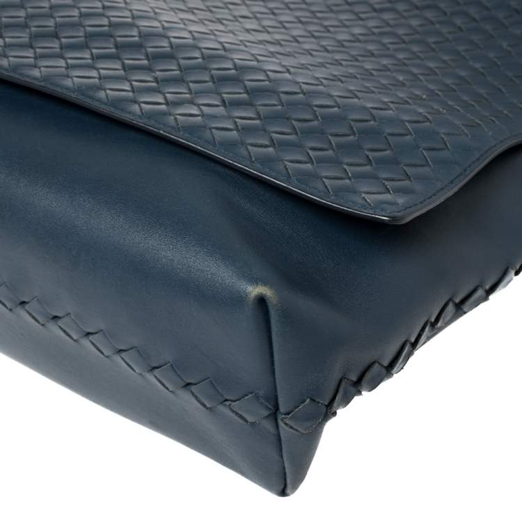 Pre Owned Bottega Veneta Navy Blue Intrecciato Leather Flap Messenger Bag