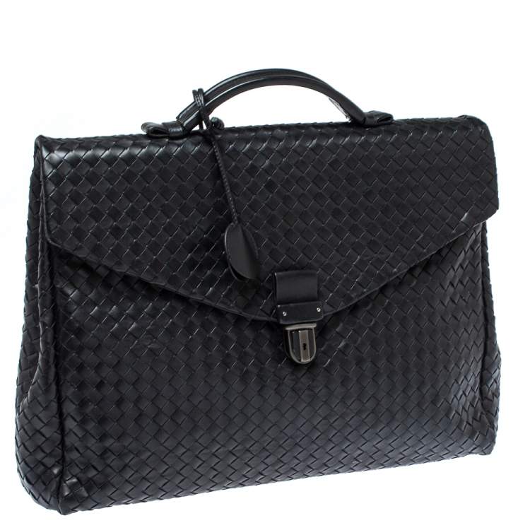 Pre Owned Bottega Veneta Black Intrecciato Leather Briefcase  