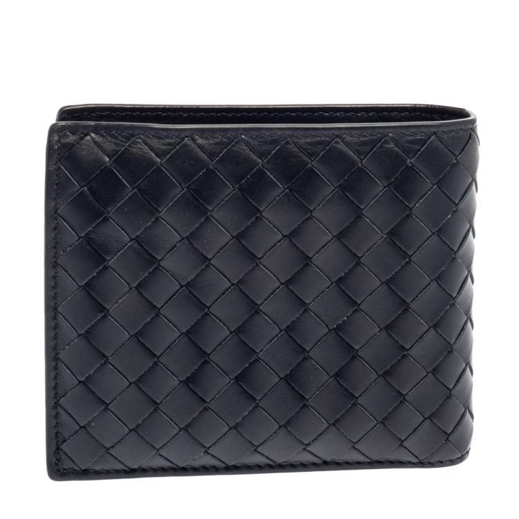 Pre Owned Bottega Veneta Dark Blue Intrecciato Leather Bifold Wallet