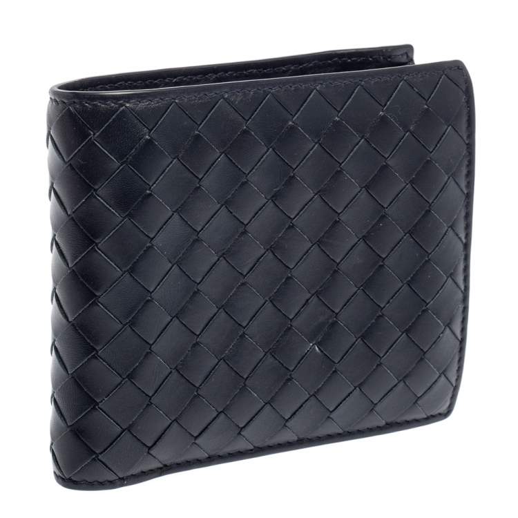 Pre Owned Bottega Veneta Dark Blue Intrecciato Leather Bifold Wallet