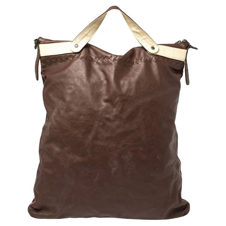 Pre Owned Bottega Veneta Dark Brown/Cream Perforated Leather Pocket Tote