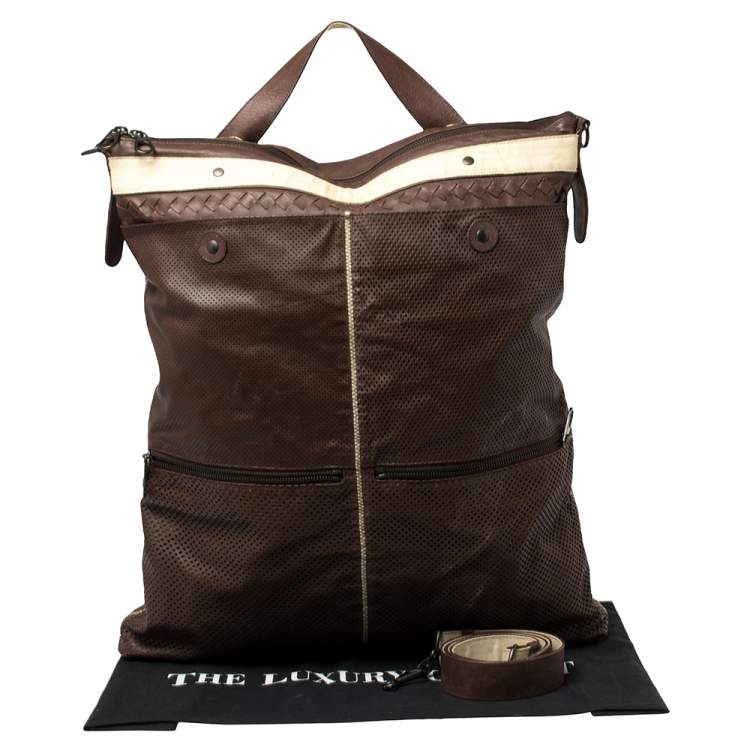 Pre Owned Bottega Veneta Dark Brown/Cream Perforated Leather Pocket Tote
