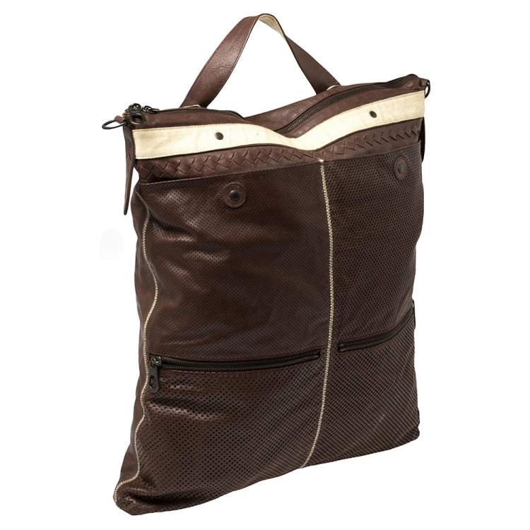 Pre Owned Bottega Veneta Dark Brown/Cream Perforated Leather Pocket Tote