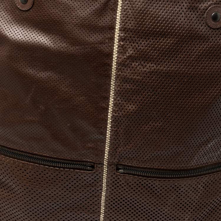 Pre Owned Bottega Veneta Dark Brown/Cream Perforated Leather Pocket Tote