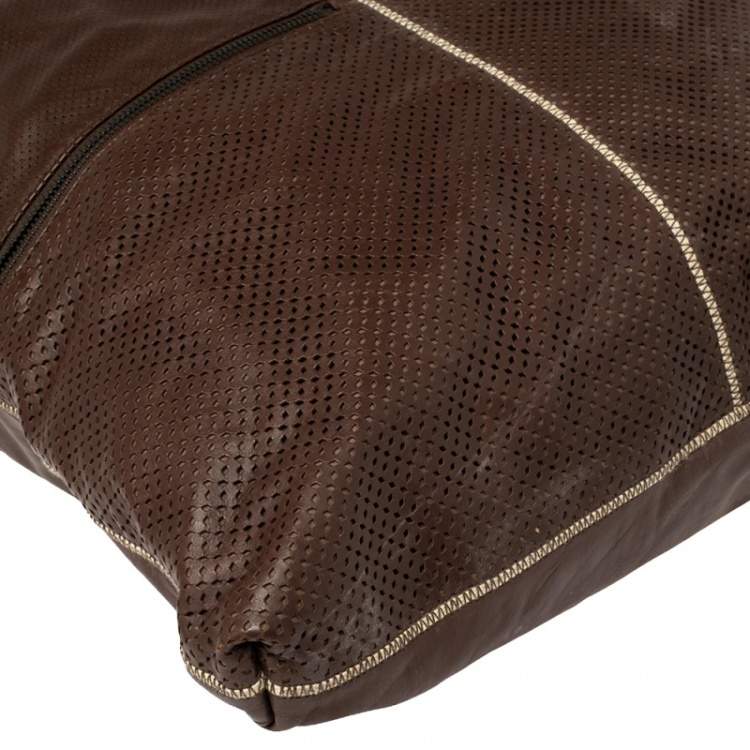 Pre Owned Bottega Veneta Dark Brown/Cream Perforated Leather Pocket Tote