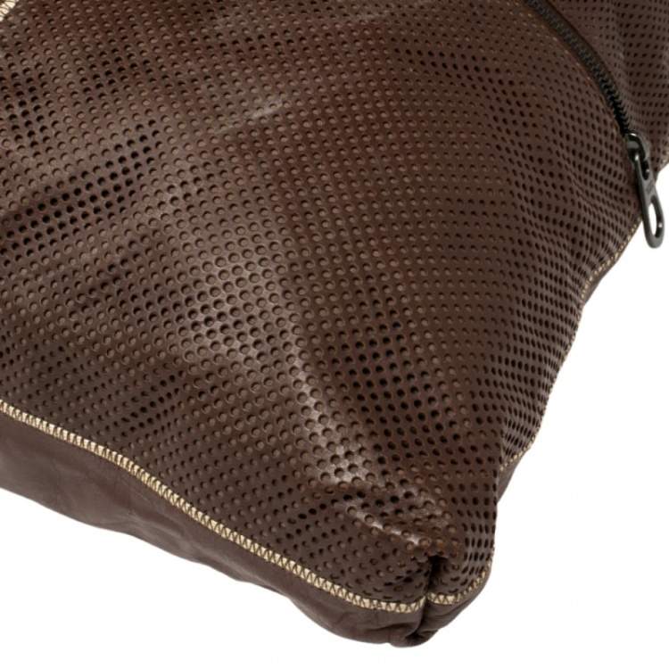 Pre Owned Bottega Veneta Dark Brown/Cream Perforated Leather Pocket Tote