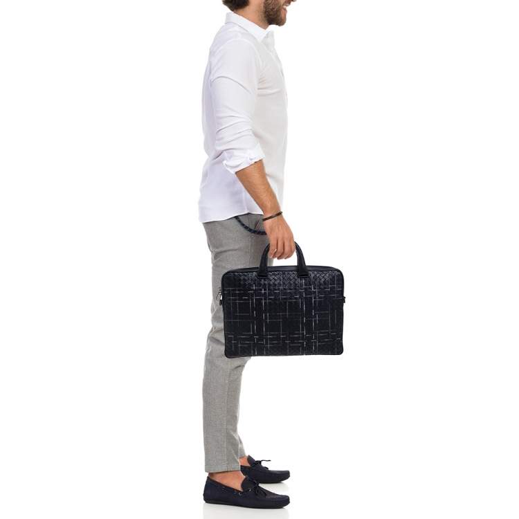 Pre Owned Bottega Veneta Black Intrecciato Leather Stitched Detail Briefcase