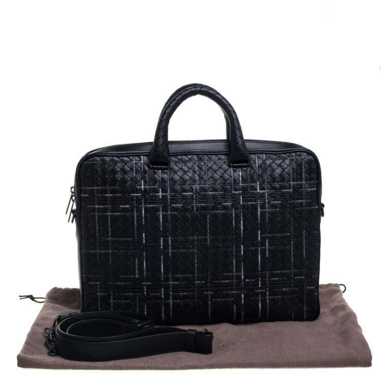 Pre Owned Bottega Veneta Black Intrecciato Leather Stitched Detail Briefcase
