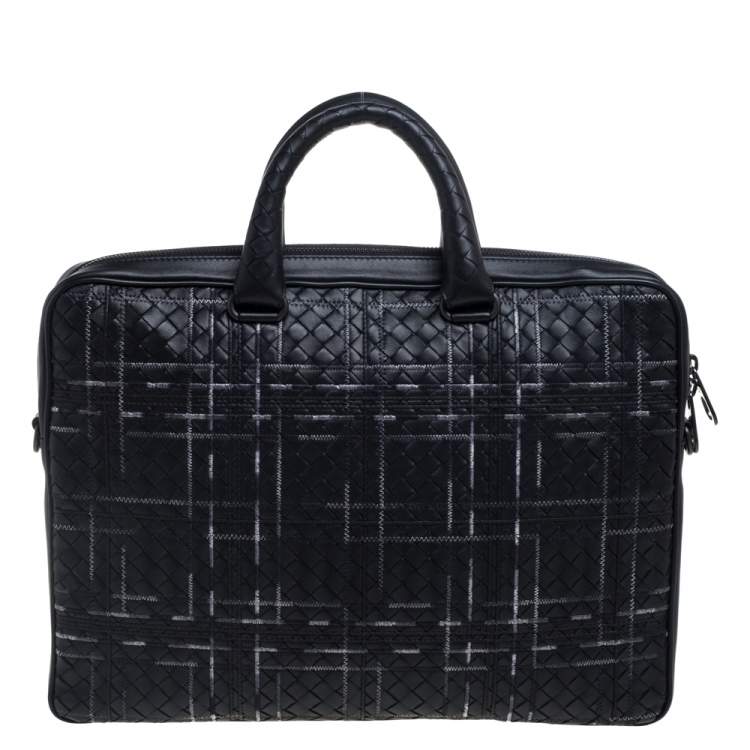 Pre Owned Bottega Veneta Black Intrecciato Leather Stitched Detail Briefcase