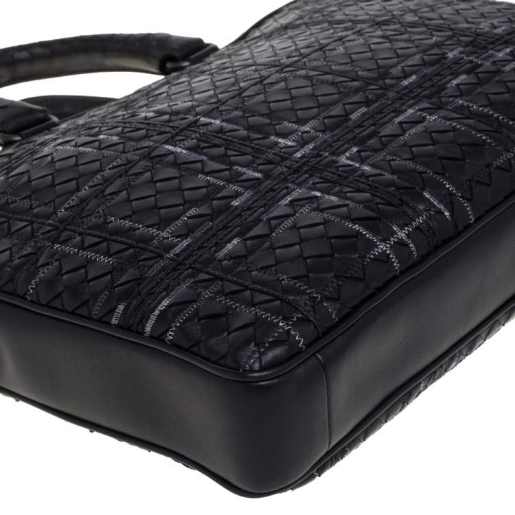 Pre Owned Bottega Veneta Black Intrecciato Leather Stitched Detail Briefcase