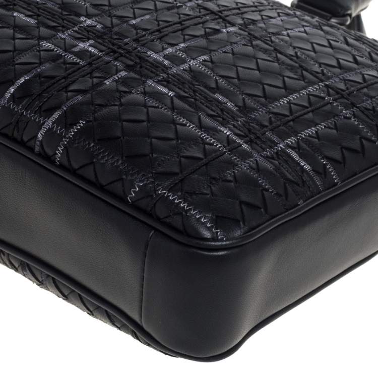 Pre Owned Bottega Veneta Black Intrecciato Leather Stitched Detail Briefcase