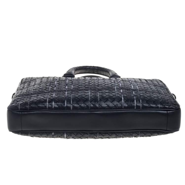 Pre Owned Bottega Veneta Black Intrecciato Leather Stitched Detail Briefcase