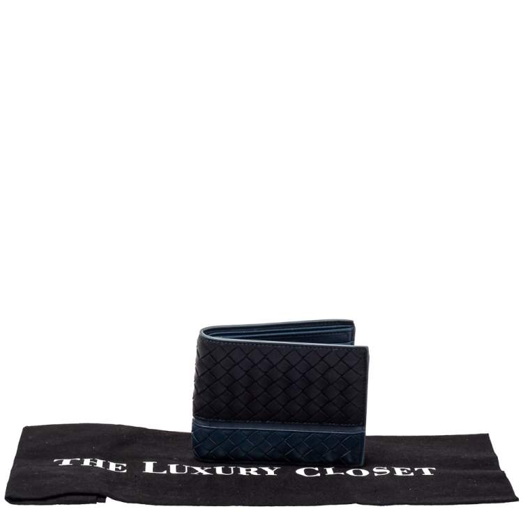 Pre Owned Bottega Veneta Black/Blue Intrecciato Leather Bifold Wallet