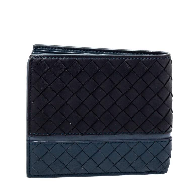 Pre Owned Bottega Veneta Black/Blue Intrecciato Leather Bifold Wallet