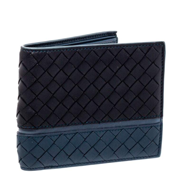 Pre Owned Bottega Veneta Black/Blue Intrecciato Leather Bifold Wallet