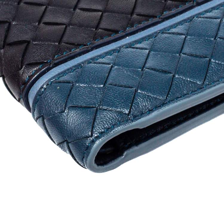 Pre Owned Bottega Veneta Black/Blue Intrecciato Leather Bifold Wallet