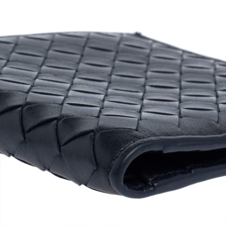 Pre Owned Bottega Veneta Navy Blue Intrecciato Leather Card Holder