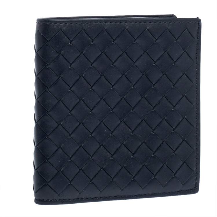 Pre Owned Bottega Veneta Navy Blue Intrecciato Leather Card Holder
