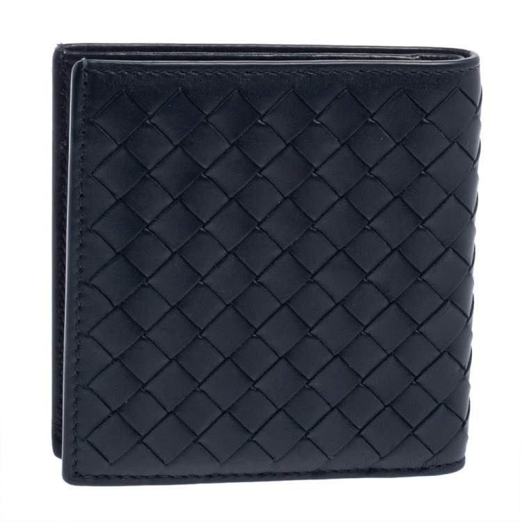 Pre Owned Bottega Veneta Navy Blue Intrecciato Leather Card Holder