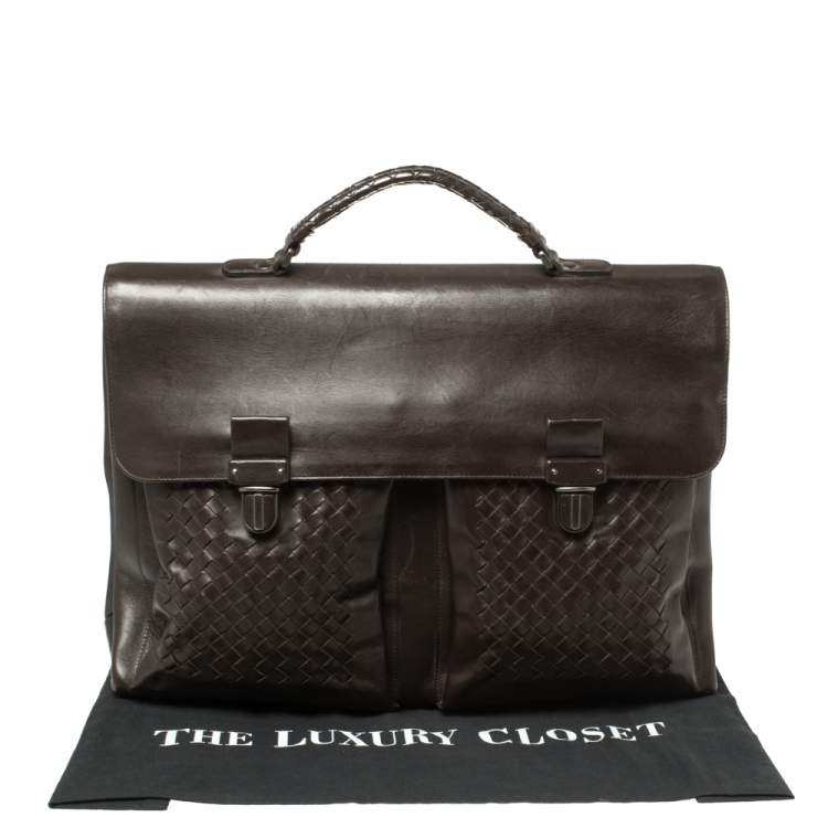 Pre Owned Bottega Veneta Dark Brown Intrecciato Leather Briefcase