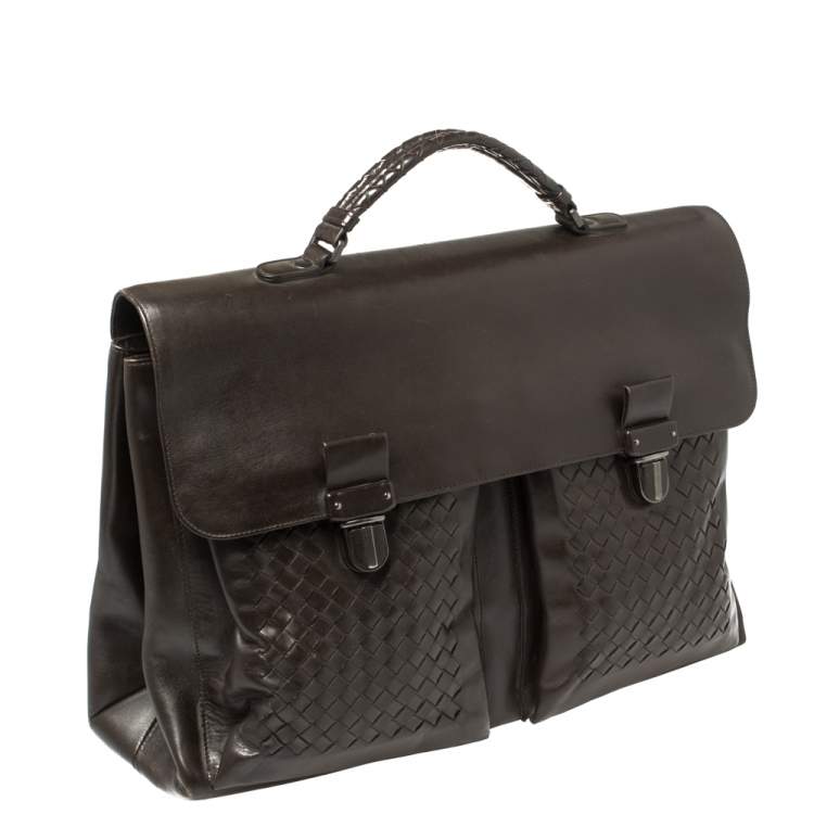 Pre Owned Bottega Veneta Dark Brown Intrecciato Leather Briefcase