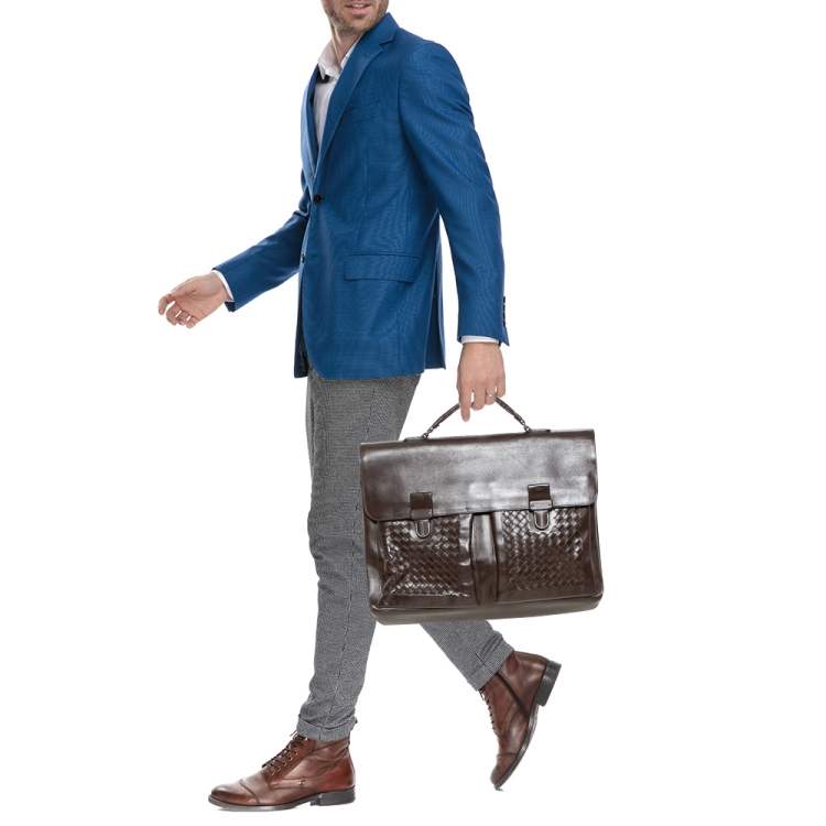 Pre Owned Bottega Veneta Dark Brown Intrecciato Leather Briefcase