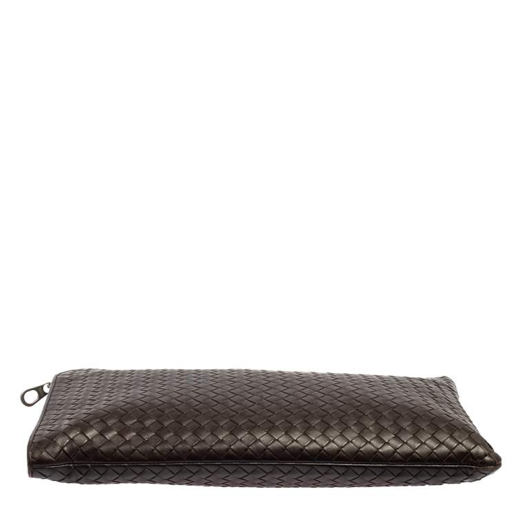 Pre Owned Bottega Veneta Dark Brown Intrecciato Leather Zip Document Case