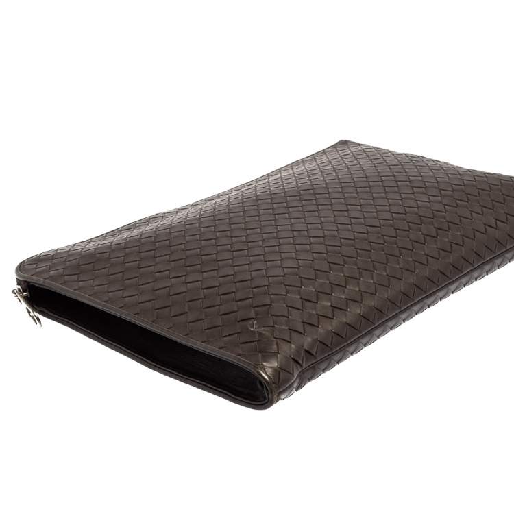 Pre Owned Bottega Veneta Dark Brown Intrecciato Leather Zip Document Case
