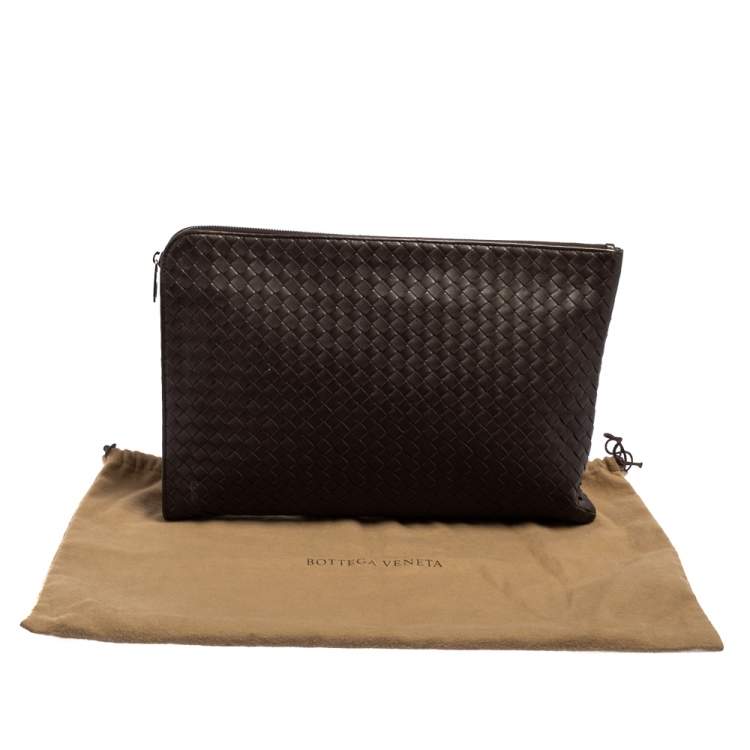Pre Owned Bottega Veneta Dark Brown Intrecciato Leather Zip Document Case