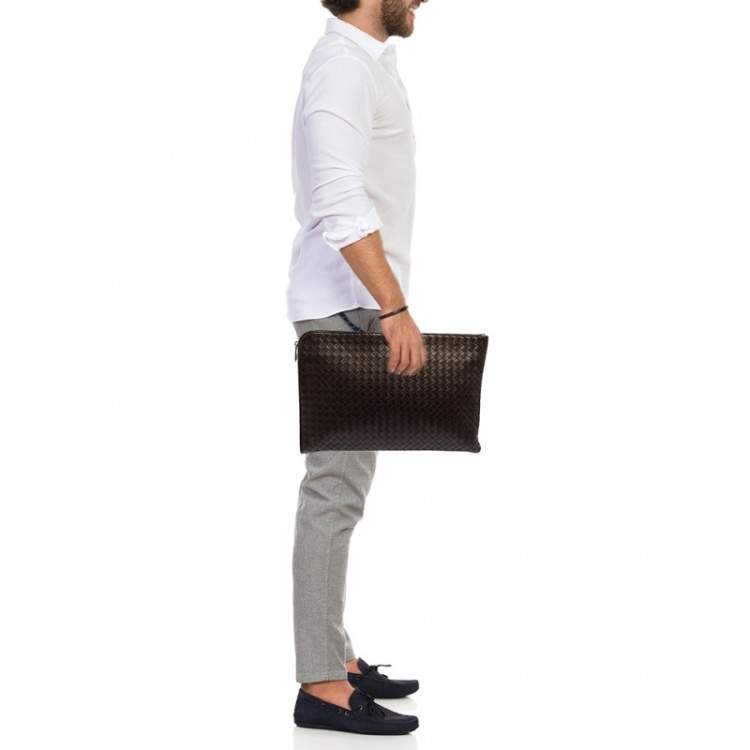 Pre Owned Bottega Veneta Dark Brown Intrecciato Leather Zip Document Case