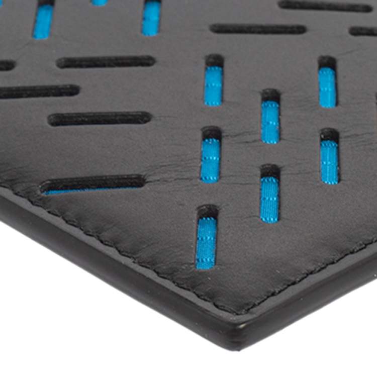 Pre Owned Bottega Veneta Black/Blue Laser Cut Leather Card Holder