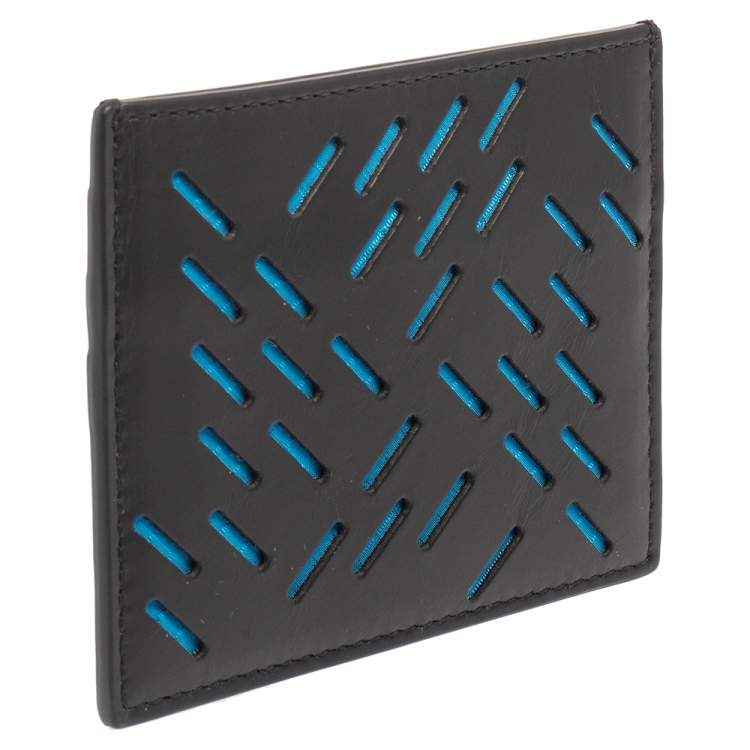 Pre Owned Bottega Veneta Black/Blue Laser Cut Leather Card Holder